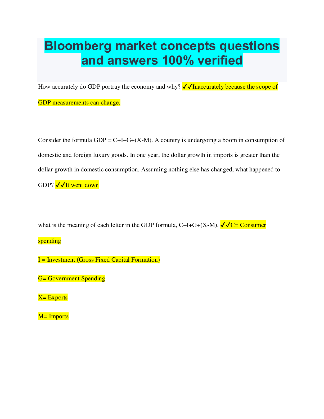 Preview of Bloomberg market concepts questions and answers 100% verified